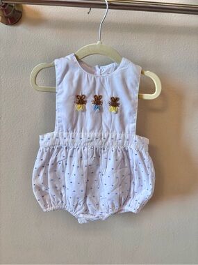 Magnolia White Romper with Blue Dot Embroidery and Yellow Bunny Details